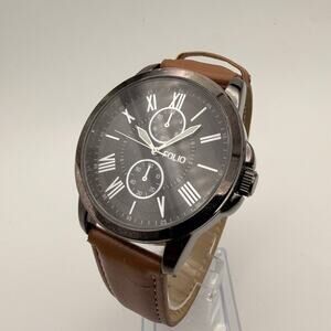 Folio Men's Gunmetal Quartz Watch with Brown Strap Working New Battery